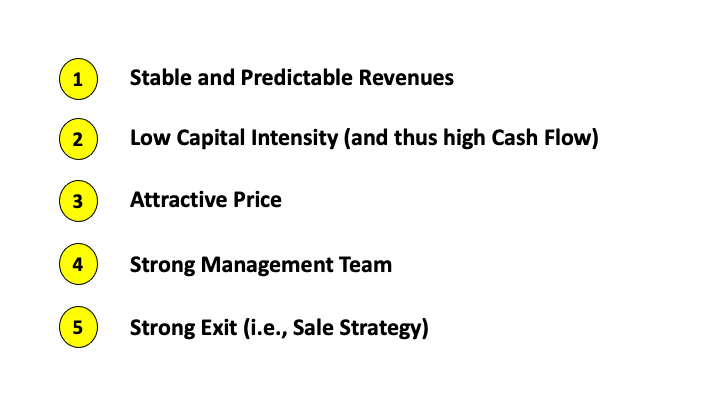 A list of the five key criteria for LBO candidates