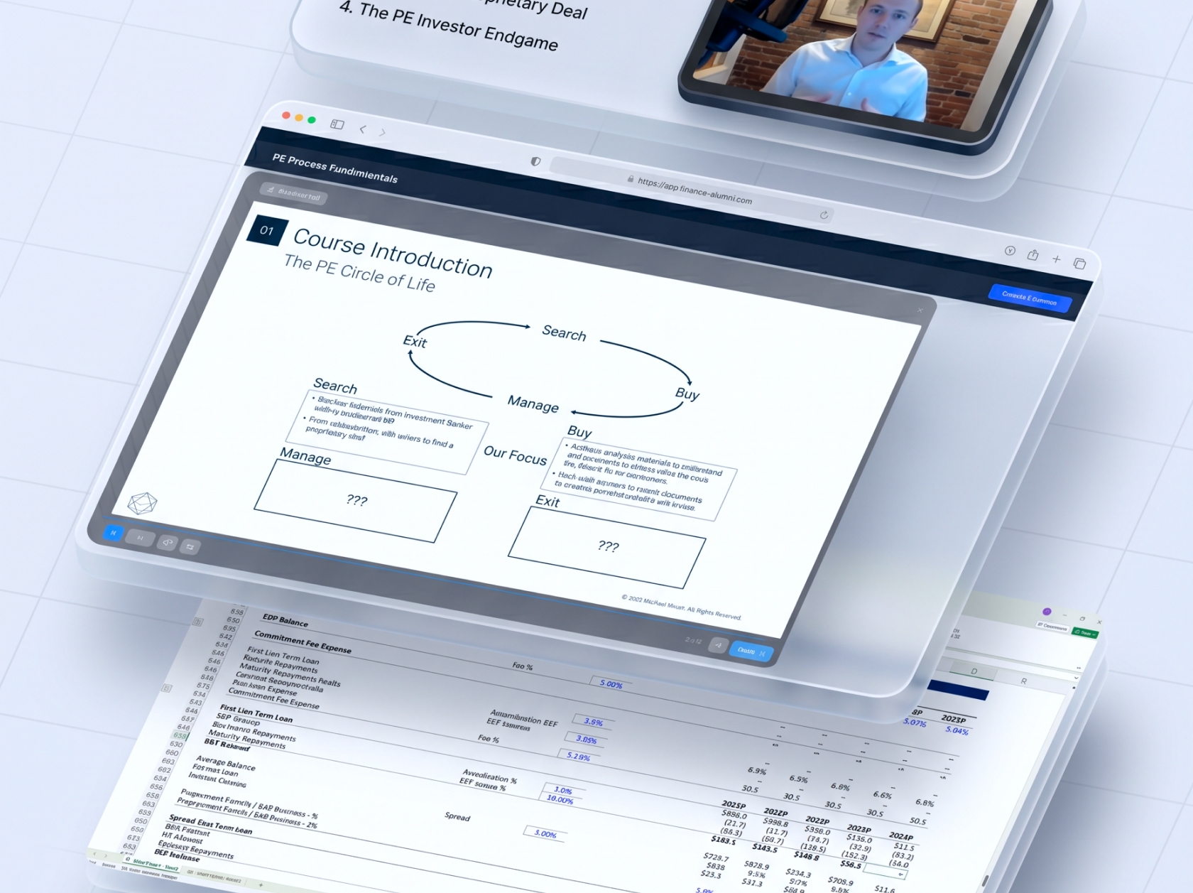 Financeable training screens showing a lesson with model notes and data tables