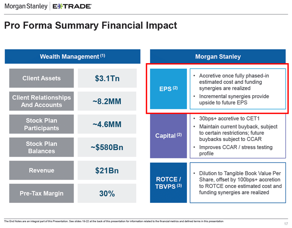Summary page from Morgan Stanley’s acquisition of Etrade showing the deal will be accretive