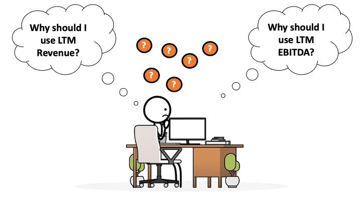 A stick figure wondering why LTM Revenue and LTM EBITDA calculations are used