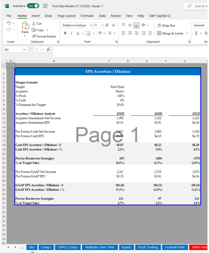 an image showing a snapshot of a full merger model accretion dilution analysis