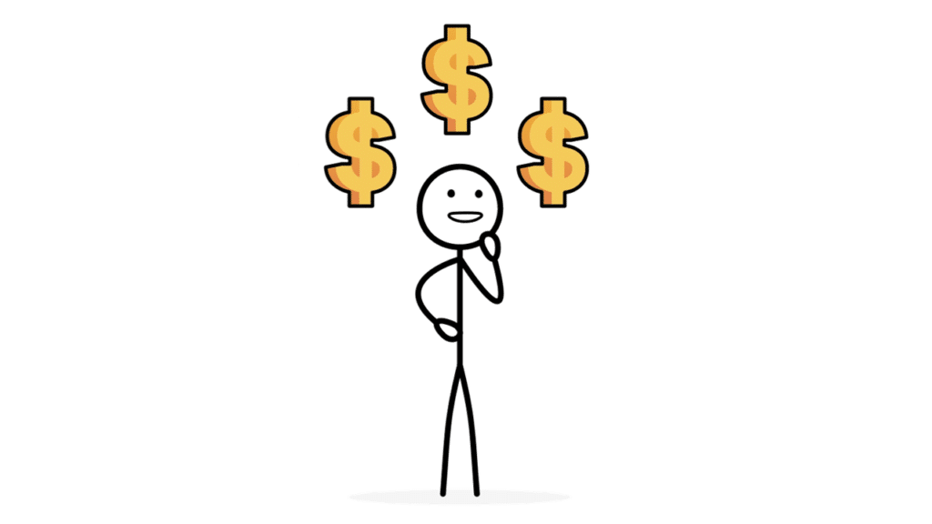 a stick figure thinking about money