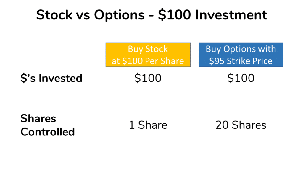 an image showing that $100 can control one share direction or 20 options indirectly