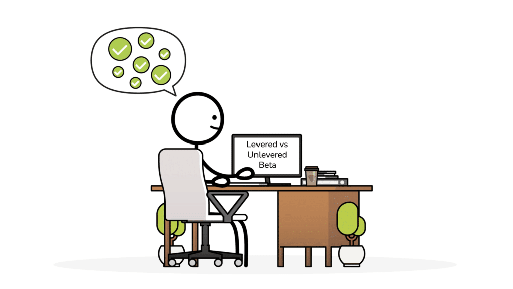 Stick figure reading about Unlevered vs Levered Beta Formulas on a desktop computer