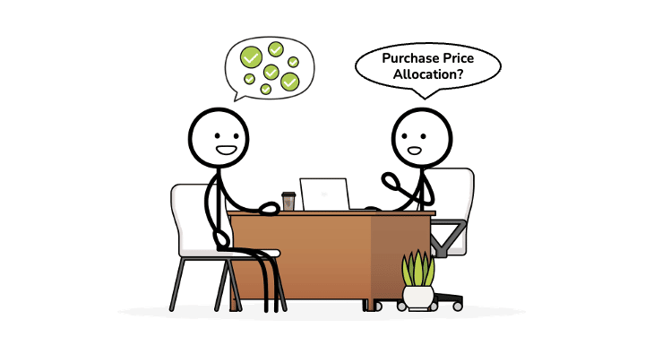 A stick figure in an investment banking interview answering questions about purchase price allocation