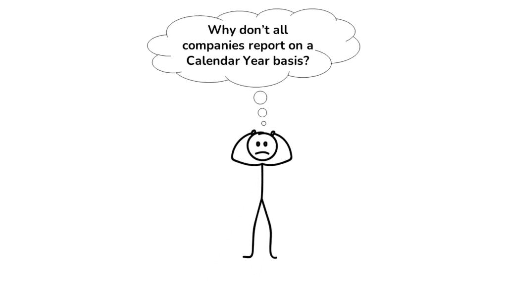 A stick figure  confused about why companies don't all report on a Calendar Year basis