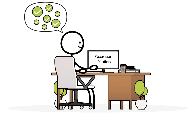A stick figure at a desk understanding the concept of Accretion / Dilution