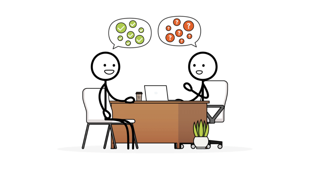 Stick figures illustrating an interviewer and an interviewee during a Finance interview